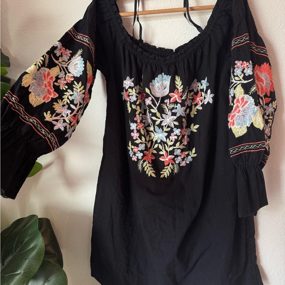 Black Embroidered Free People Floral Peasant Dress